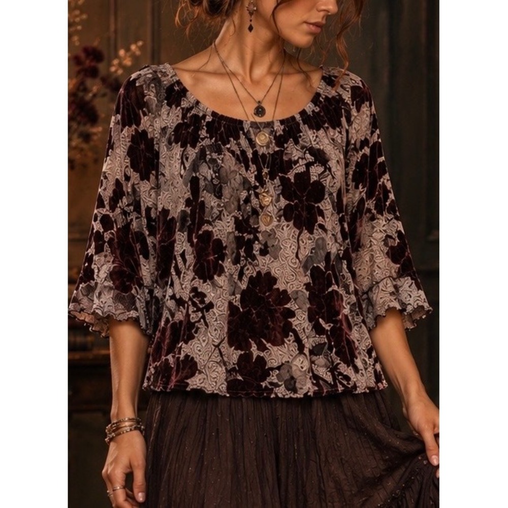 Whimsigoth Velvet Burnout silk top womens sz M Fairy Grunge Forest witchy sheer